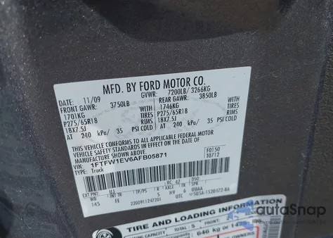 2010 Ford F-150 Fx4/Harley-Davidson/King Ranch/Lariat/Platinum/Xl/Xlt from USA, damaged, VIN 1FTFW1EV6AFB05871